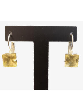 Silver Tone Square Cut Earrings Lemon Citrine Faux Quartz Huggie Lever Back